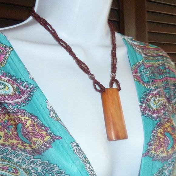 Boho Brown Bead Necklace, Real Bone Horn Rectangular Pendant, Button Closure 18" - Picture 2 of 10